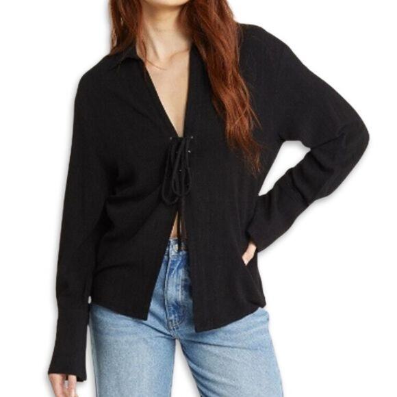 Topshop Blouse Lace-Up Front Long Sleeves Lightweight Linen Blend Black W 6 NWT - Picture 1 of 10